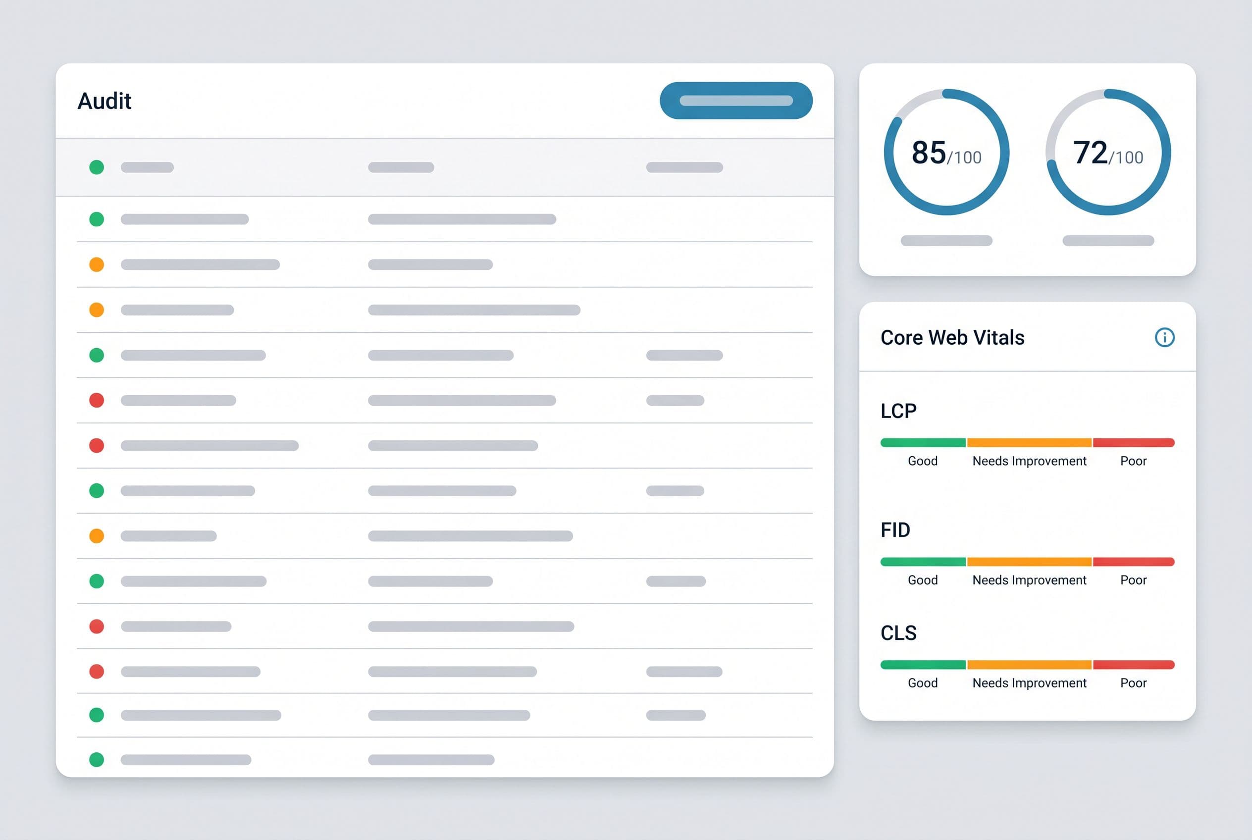 SEO audit report with prioritized fixes and performance gauges