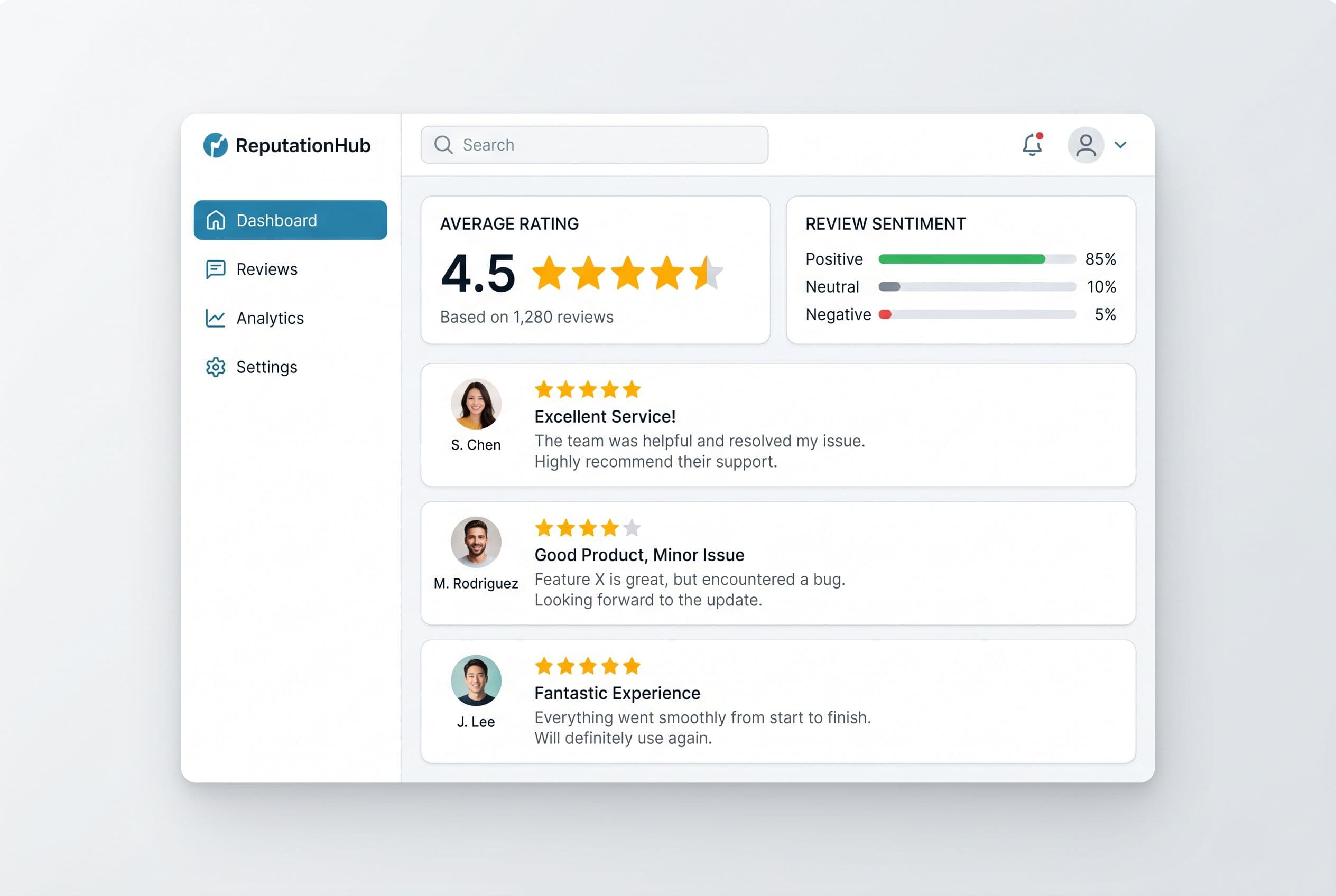 Reputation dashboard showing average rating, customer reviews and sentiment