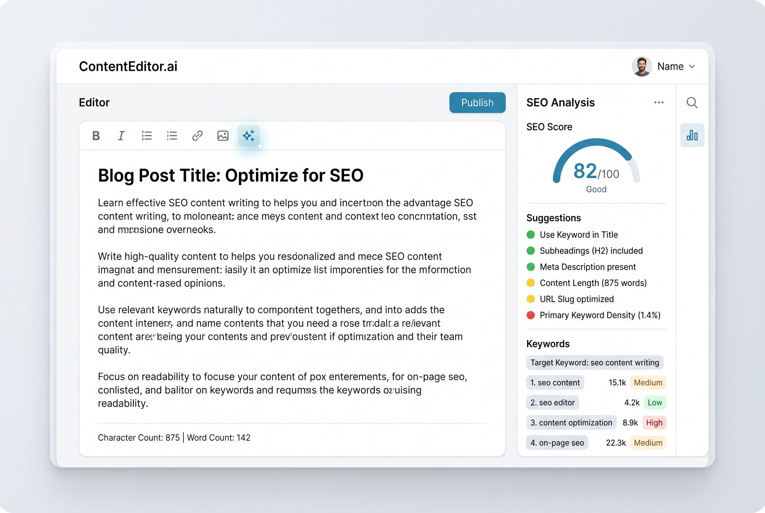 Content editor showing an outline, a keyword list and an optimization score