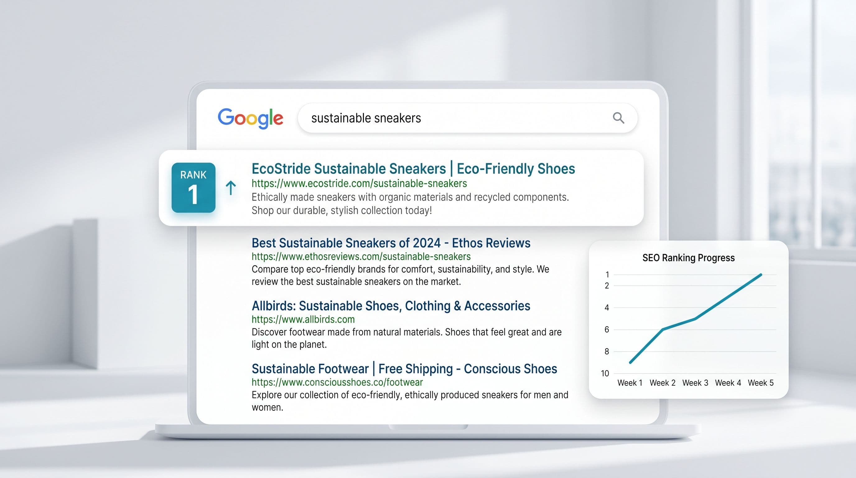 Página de resultados de Google junto a un panel que sigue los cambios de posición