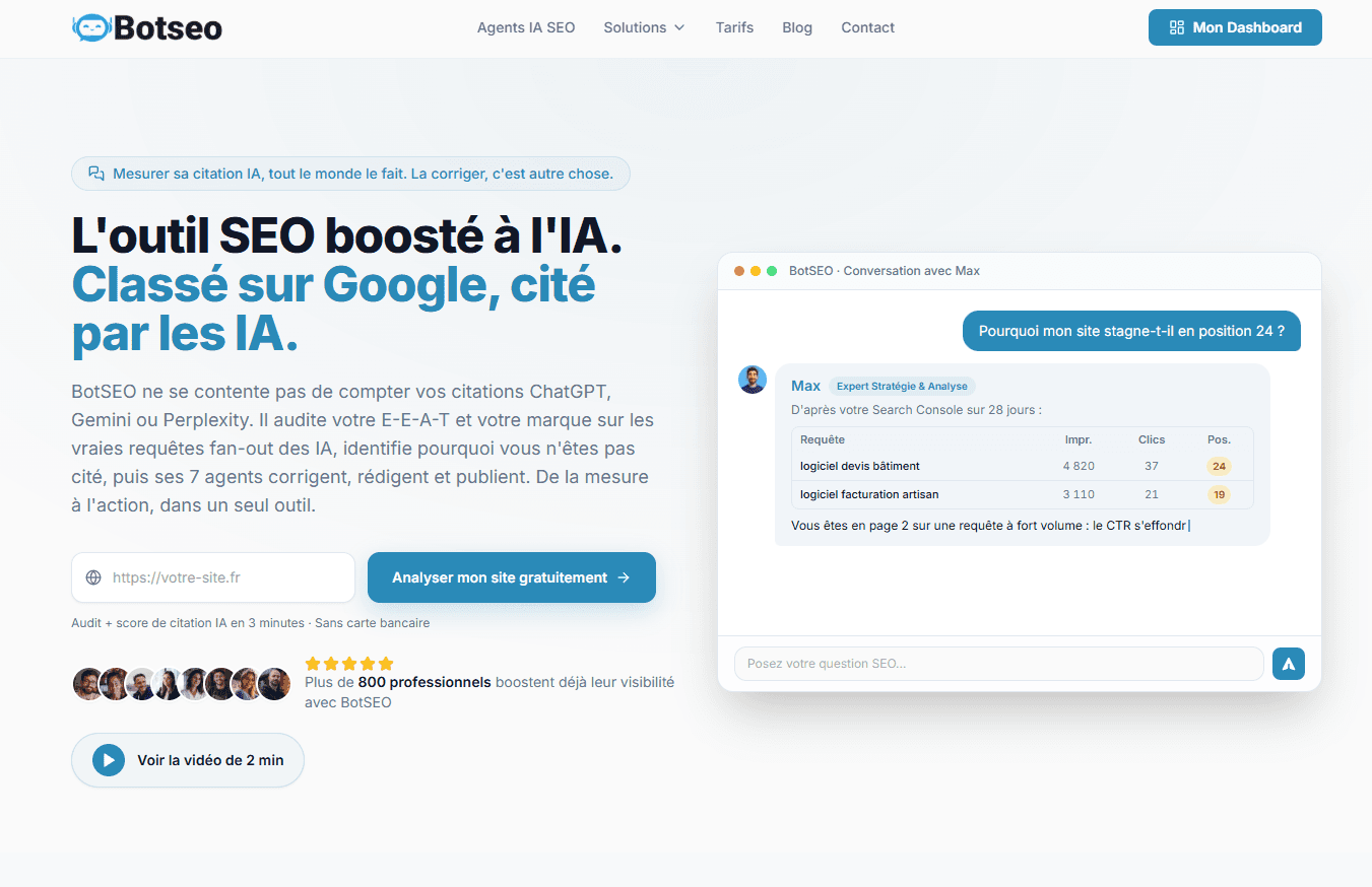 BotSEO dashboard showing rankings and priority actions